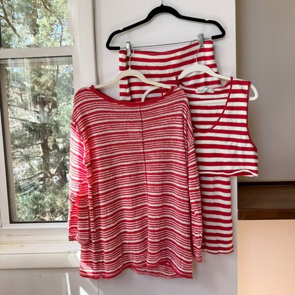 NWT Free People Bailey 3 Piece Sweater Set Skirt Top Terry Red White Stripe - Picture 3 of 14